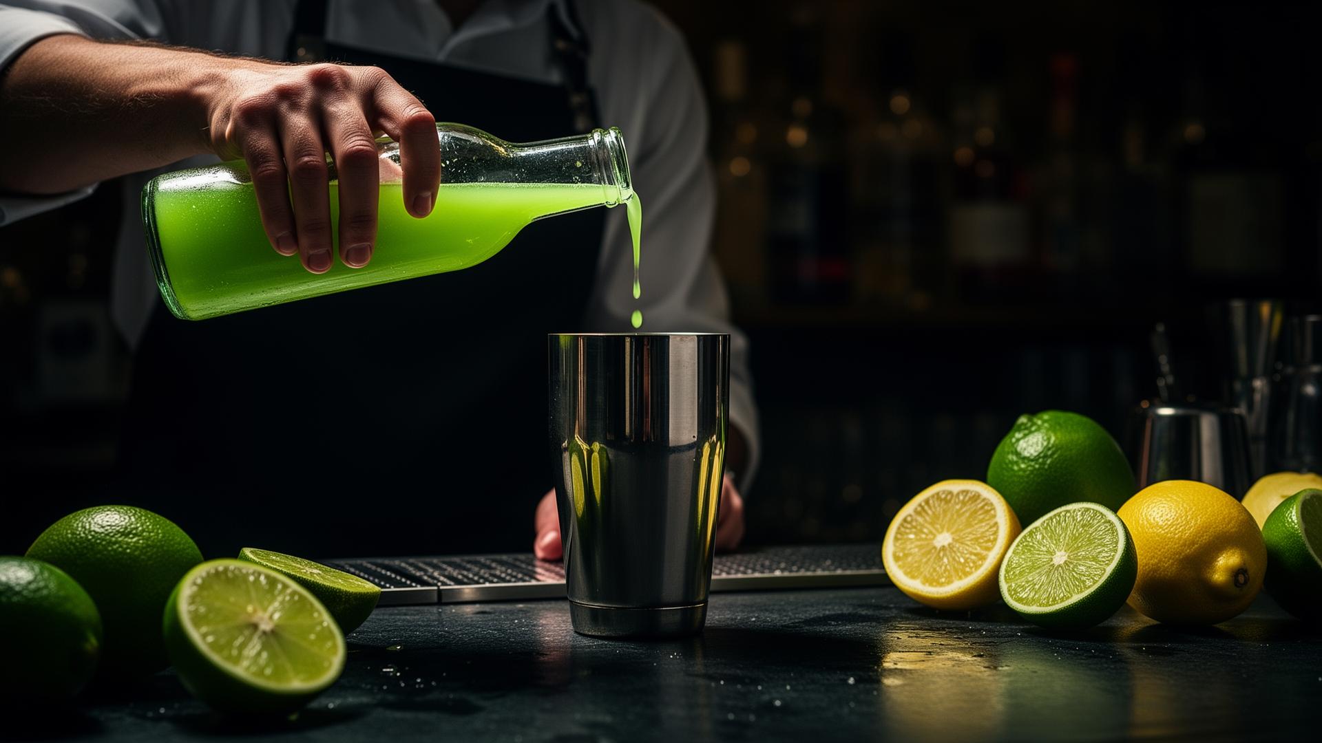 Bartender pouring fresh lime juice into a cocktail shaker