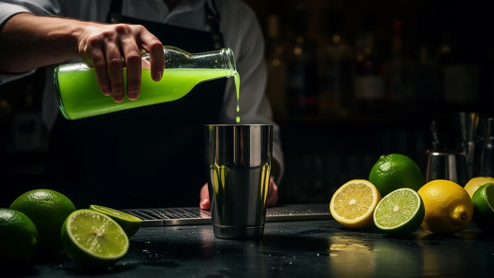 Bartender pouring fresh lime juice into a cocktail shaker